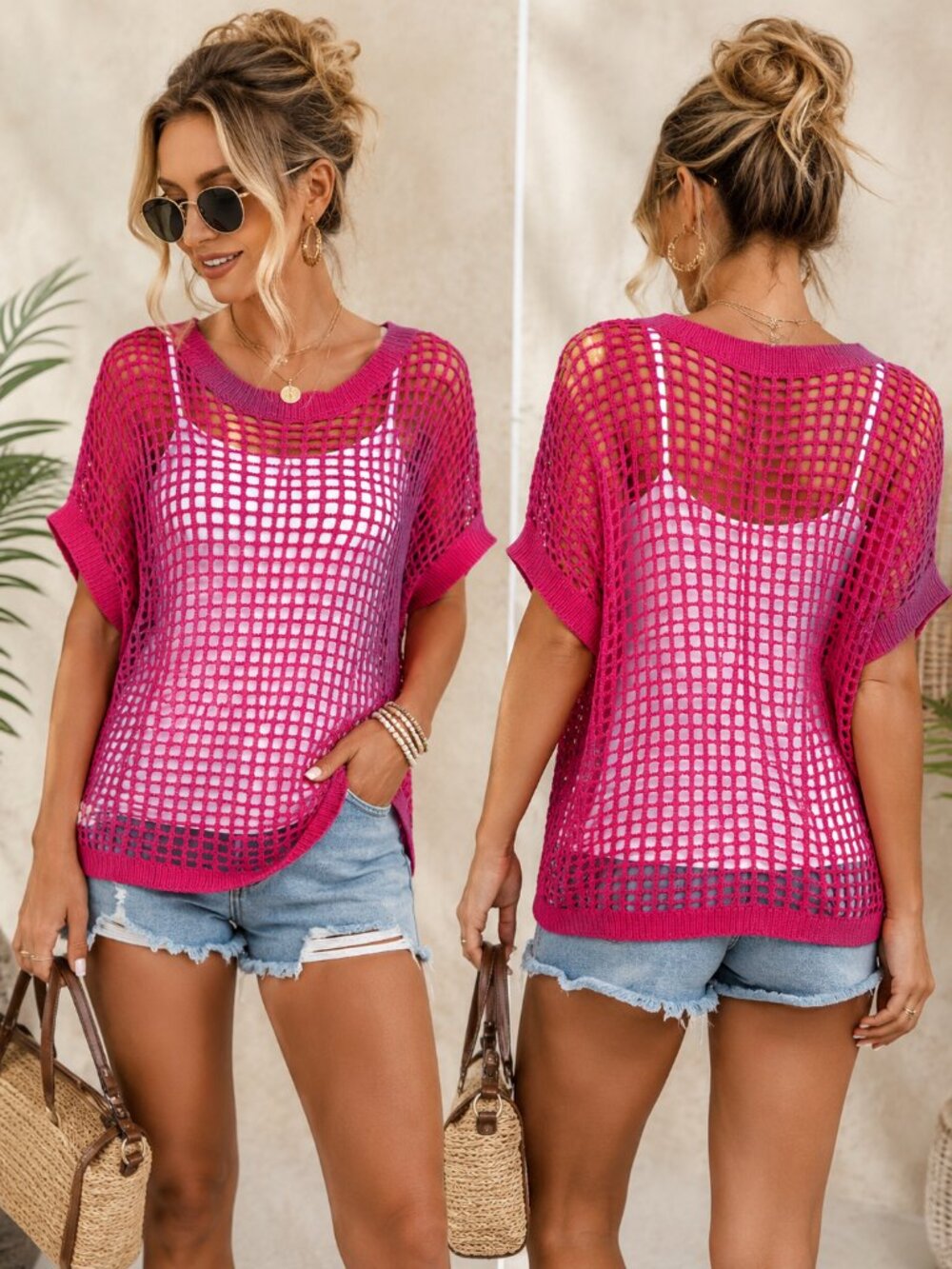 Zenana Barbie Pink S Oversized Open Knit Tunic Sweater Cover-Up NWOT